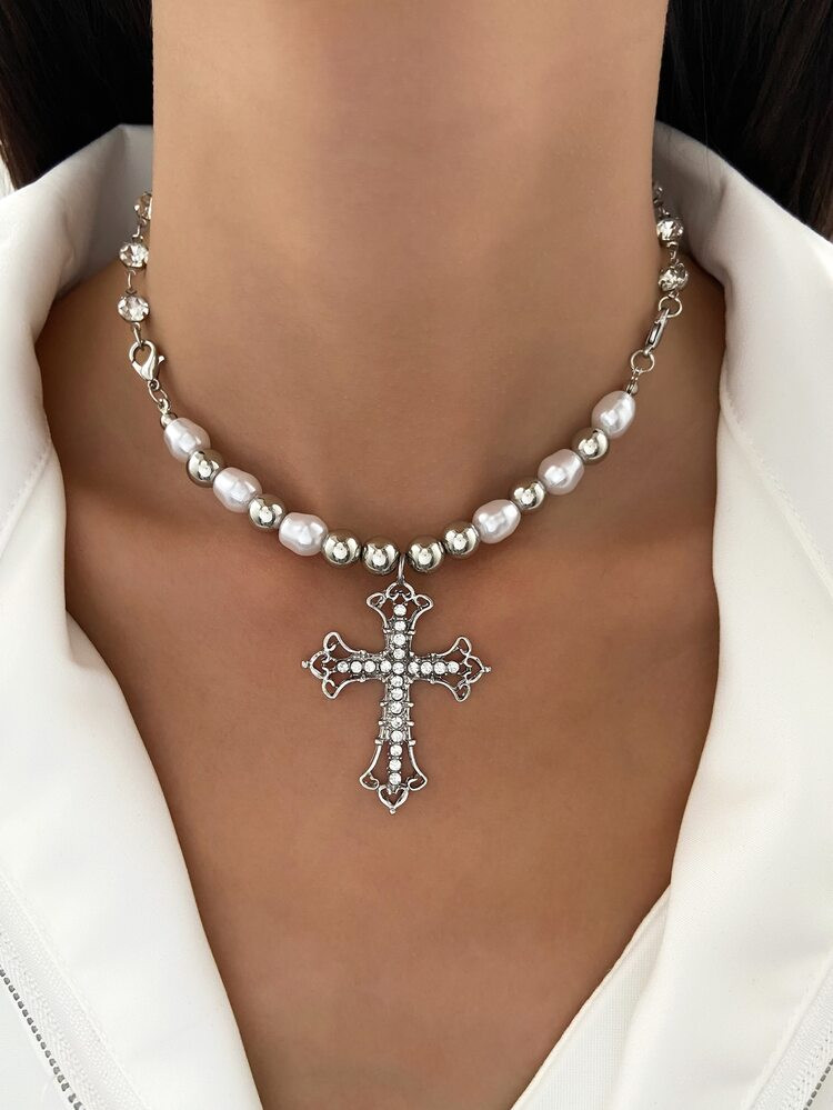 Rhinestone & Faux Pearl Decor Cross Charm Necklace | SHEIN