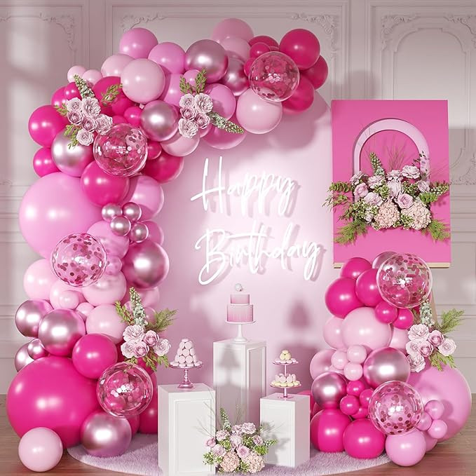 Pink Balloon Arch Kit, Hot Pink Balloons Garland Arch Kit Metallic Marcaron Pink Confetti Balloon... | Amazon (US)