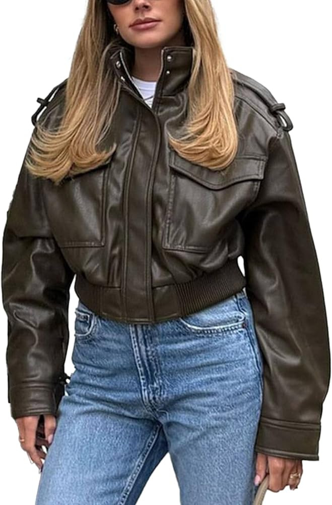 Cropped Jakcet Women Faux Leather Zip Up Stand Collar Motorcycle Bomber Waist Cinched Leather Jac... | Amazon (US)