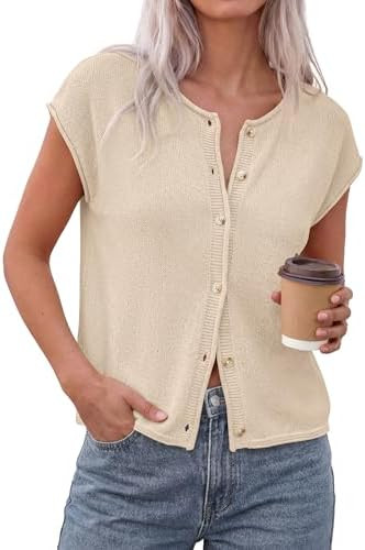 PRETTYGARDEN Womens Cap Short Sleeve Sweater Vest 2026 Spring Summer Lightweight Button Down Card... | Amazon (US)