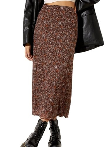 SOFIA'S CHOICE Women's High Waist Floral Skirts A Line Mesh Midi Skirt Brown Small | Amazon (US)