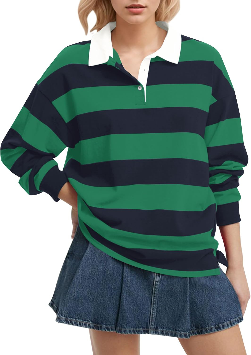 Womens Oversized Striped Polo Shirt Long Sleeve Rugby Sweatshirt | Amazon (US)