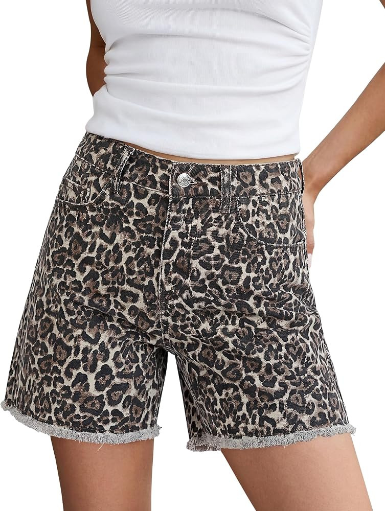 luvamia Jean Shorts for Women Trendy High Rise Mid Thigh Cheetah Leopard Print Raw Hem Stretch De... | Amazon (US)