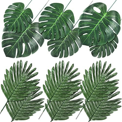 Auihiay 48 Pieces 4 Kinds Palm Leaves Tropical Leaves with Jungle Leaf Monstera Leaves Safari Lea... | Amazon (US)
