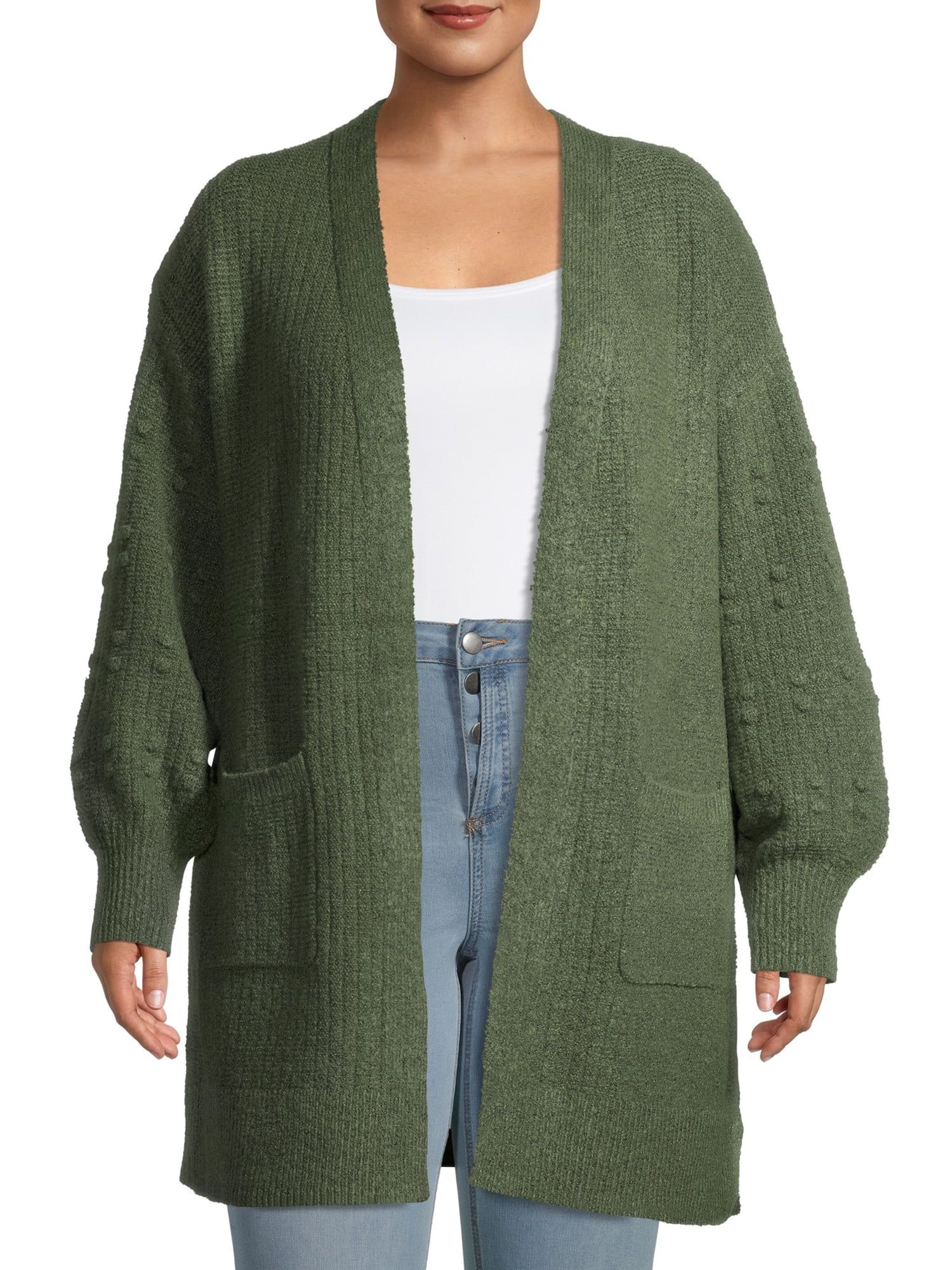 Terra & Sky Women's Plus Size Open-Front Super Soft Duster Cardigan with Popcorn Stitch Sleeves | Walmart (US)