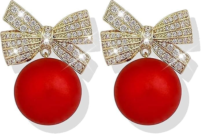 Christmas Earrings Pearl Bow Earrings for Women Gold Pearl Dangle Drop Earrings Rhinestone Bow Ea... | Amazon (US)