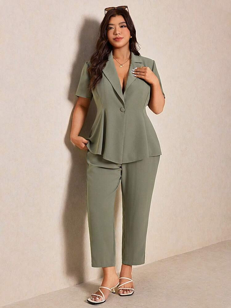 SHEIN Elaquor Plus Size Women Solid Color Mottled Collar Short Sleeve Single-Breasted Shirt And Pants Elegant 2 Pieces Set Pant Suit Summer Sets Women's Suit Set Office Outfits For Women Set Summer Suits For Women Work Clothes Women Set Spring Outfit For Women Formal Green Set Spring Set For Women | SHEIN