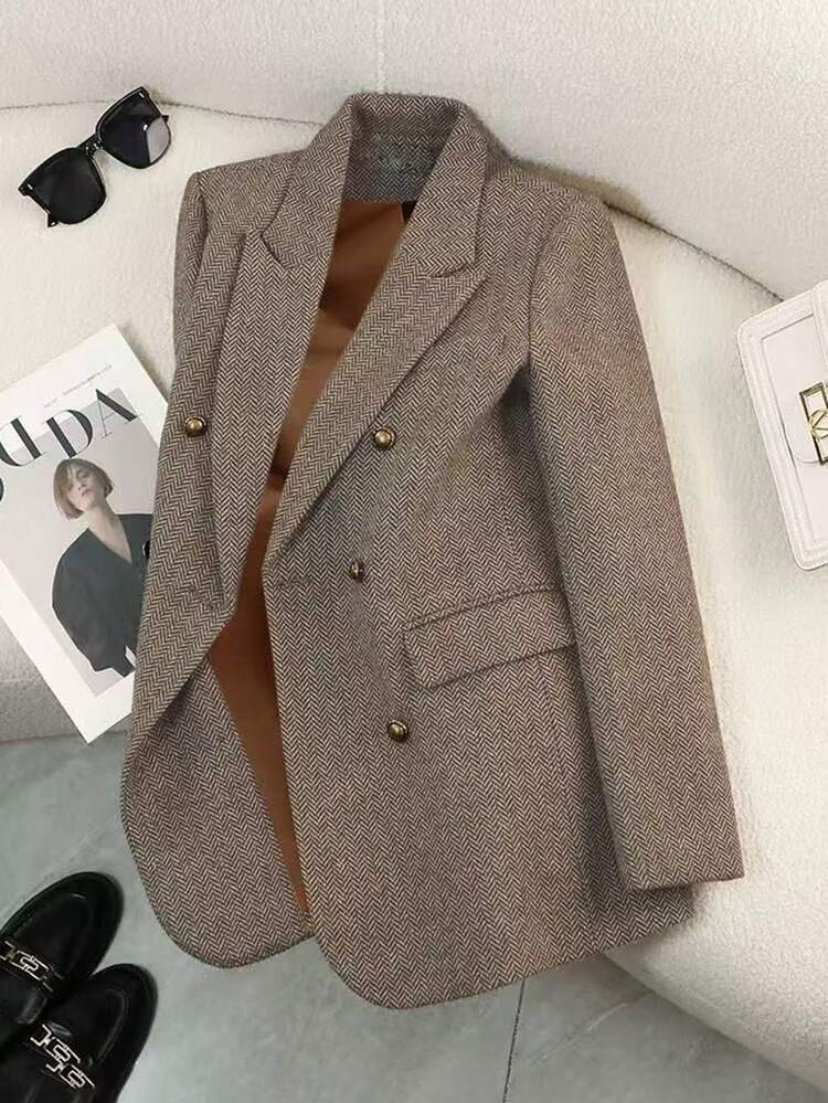 Franclia Chaqueta De Traje De Otoño/Invierno 2025 Con Diseño Especial De Cuello, Sensación De Alta Gama, Forro 3D, Diseño Elegante Y Estilizado Que Cintura, Color Marrón Oscuro, Perfecto Para El Transporte Diario De Las Mujeres. Invierno Invierno Para Mujeres Invierno Navidad Año Nuevo Acción De Gracias Para Mujeres Fiesta Playa Graduación Elegante | SHEIN