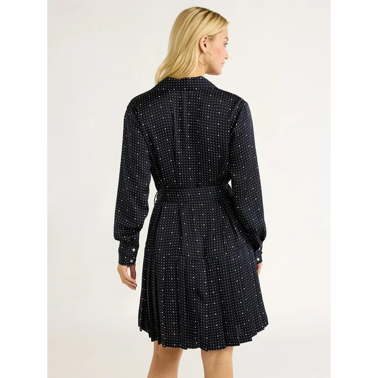 Free Assembly Women's Pleated Mini Shirtdress with Long Sleeves, Sizes XS-XXL | Walmart (US)