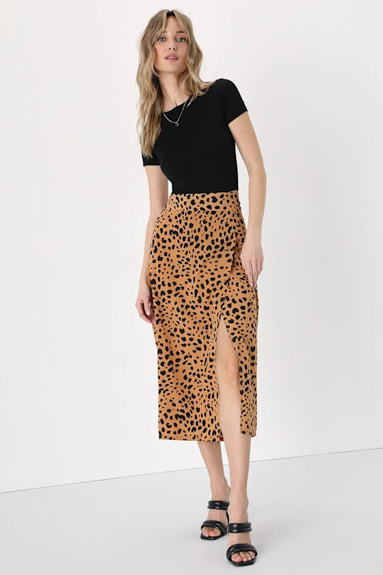 Statement-Maker Tan Animal Print Wrap Midi Skirt | Lulus (US)