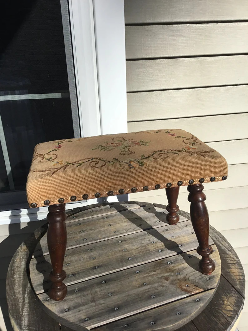 Antique Wood & Embroidery Tapestry Victorian Foot Stool Foot Rest Floral Flower | Etsy (US)