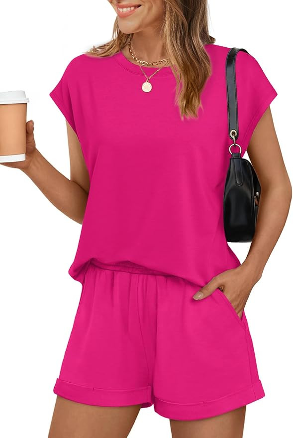 WIHOLL 2 Piece Sets for Women Casual Summer Travel Vacation Outfits Cap Sleeve Shorts Lounge Set | Amazon (US)