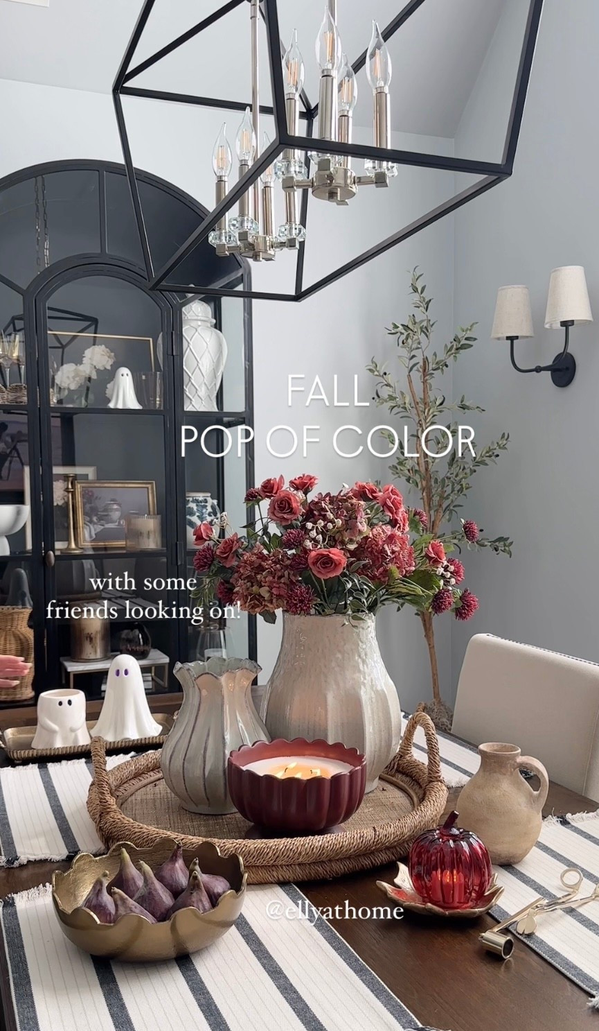 Beautiful fall colors & some friends!👻 shop vases, on sale ghosts, pretty mauve roses, hydrangeas, purple florals, fall candle, glass pumpkin, votives, brass bowl, faux figs, new sconces, chandelier, display cabinet and more fall home decor accessories. Michael’s, Target, Amazon home, 