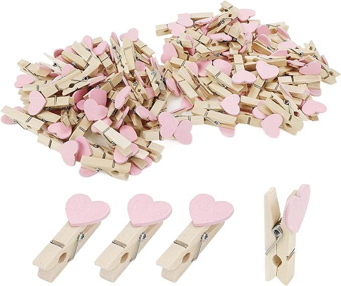 Coshar Pack of 100 Pink Heart Clothespins Mini Wooden Clothes Pins Multipurpose Craft Clips for W... | Amazon (US)
