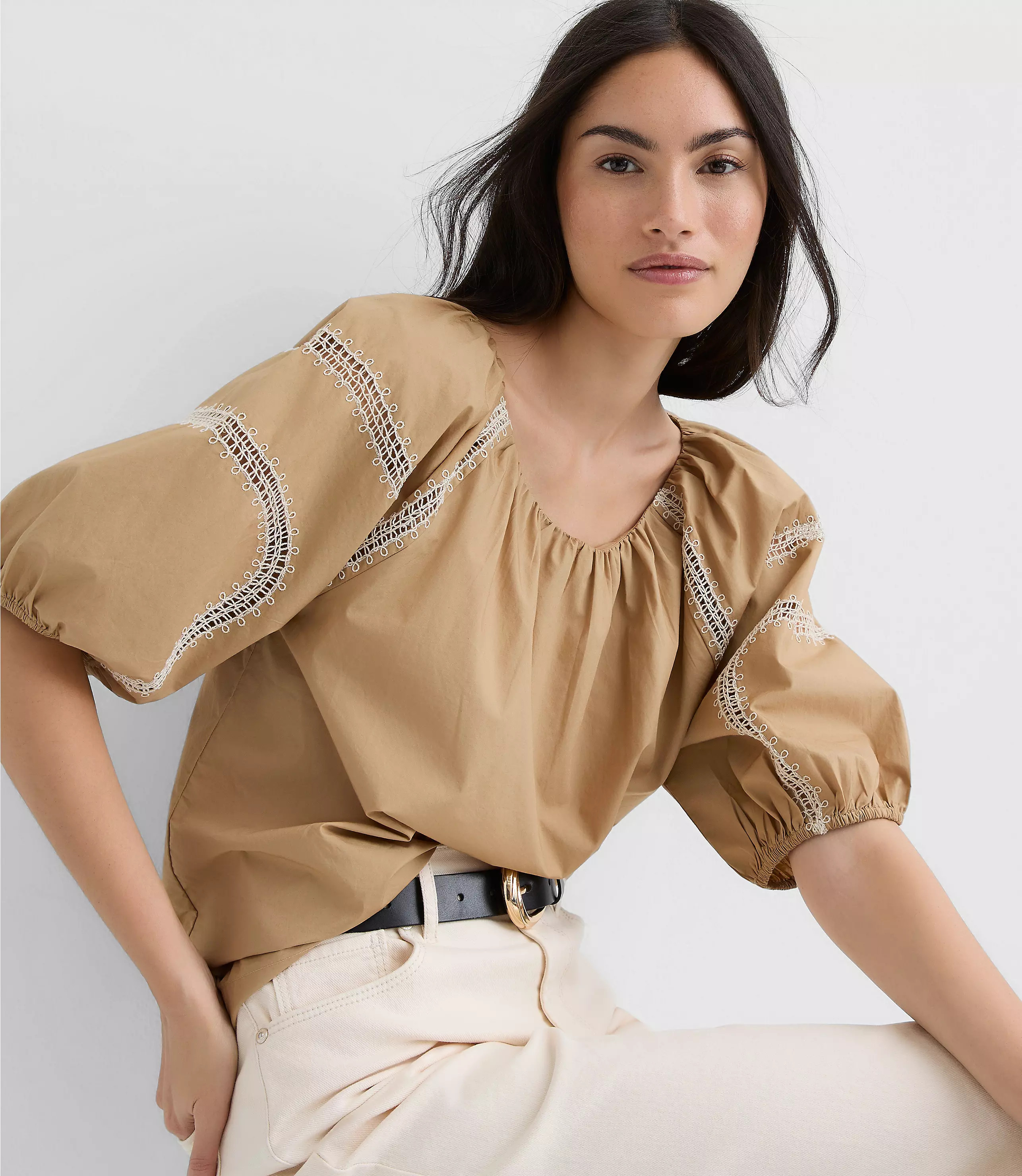 Embroidered Poplin Puff Sleeve Blouse | LOFT