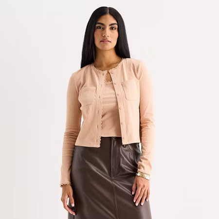 a.n.a Lace Trim Womens Crew Neck Long Sleeve Button Cardigan, Small, Beige | JCPenney