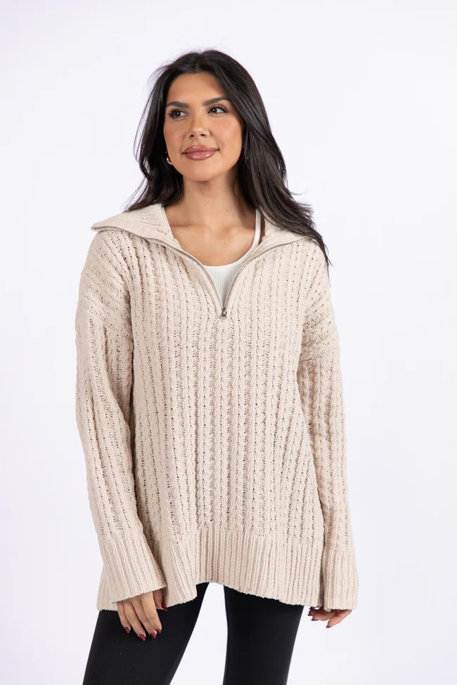 Forever Yours Beige Cable Knit Chenille Quarter Zip Sweater FINAL SALE | Pink Lily