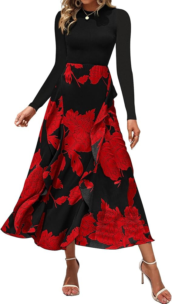 BTFBM Womens Fall Fashion 2024 Floral Maxi Dress Casual Crewneck Long Sleeve Ruffle Flowy Cocktai... | Amazon (US)