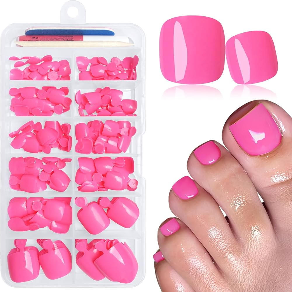 LuckForever 168pc Press on Toenails Women Fake Toe Nails with Glue Tab, Hot Pink Fake Toenails Pr... | Amazon (US)