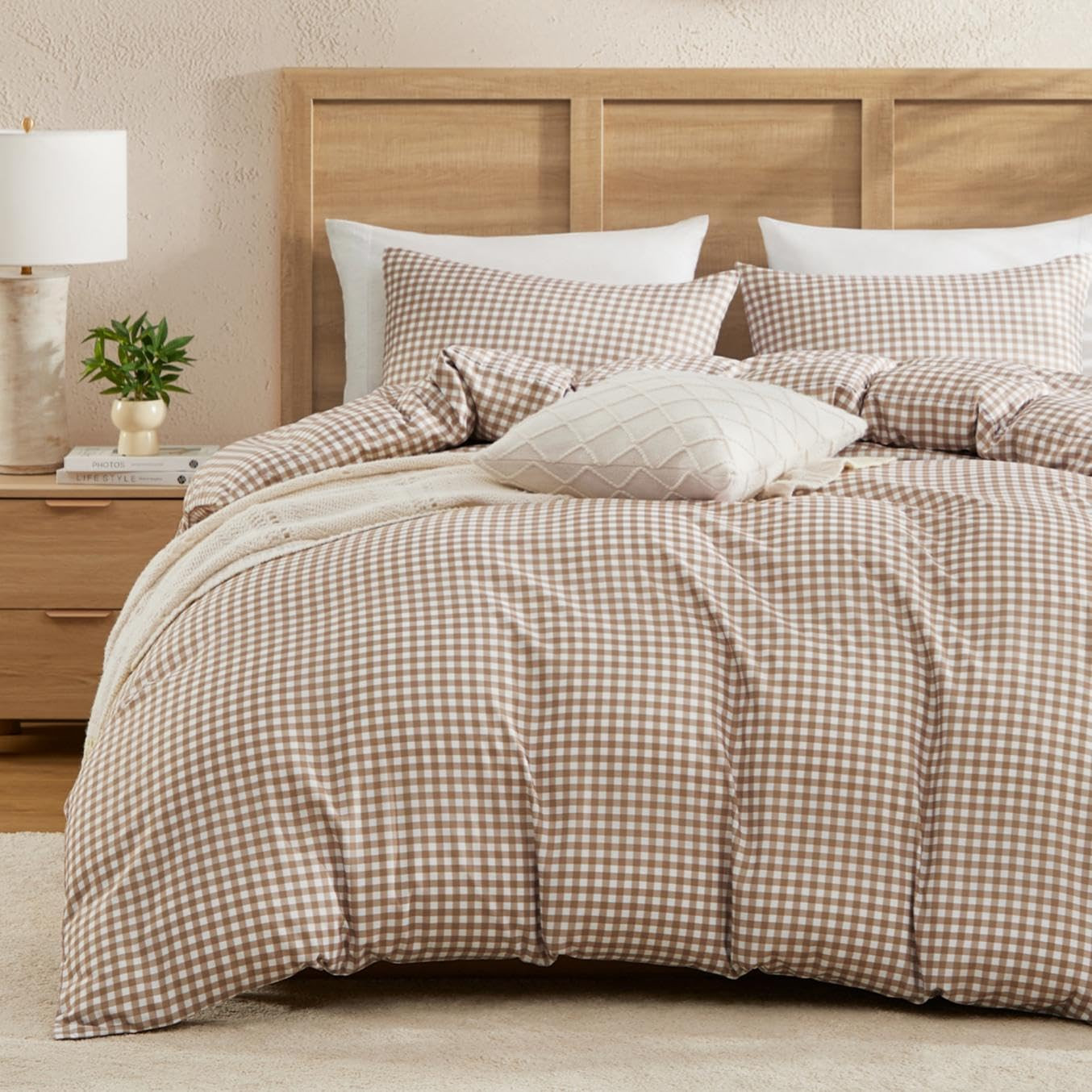 Andency Gingham Duvet Cover Queen Size, Tan Brown Checkered Plaid Bedding Set, 3 Pieces Soft Prew... | Amazon (US)