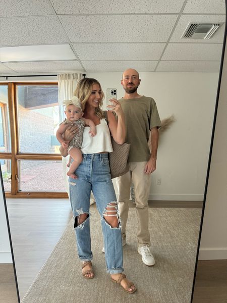 Family photos today! I wore jeans (I sized down in these) a white tank, and sandals. Jesse wore khaki jeans, an olive tee shirt (men’s) and white sneakers. Brooklyns bow and baby onesie are linked

#LTKMens #LTKFindsUnder50 #LTKBaby