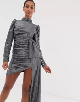 Lioness Empire long sleeve knot front ruched dress in silver | ASOS US