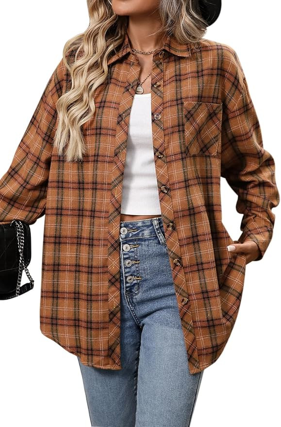 CHYRII Womens Oversized Flannel Shirts Button Down Long Sleeve Plaid Shirt Business Casual Blouse... | Amazon (US)
