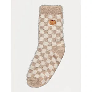 Pumpkin Embroidery Checkerboard Fluffy Cosy Socks | George
