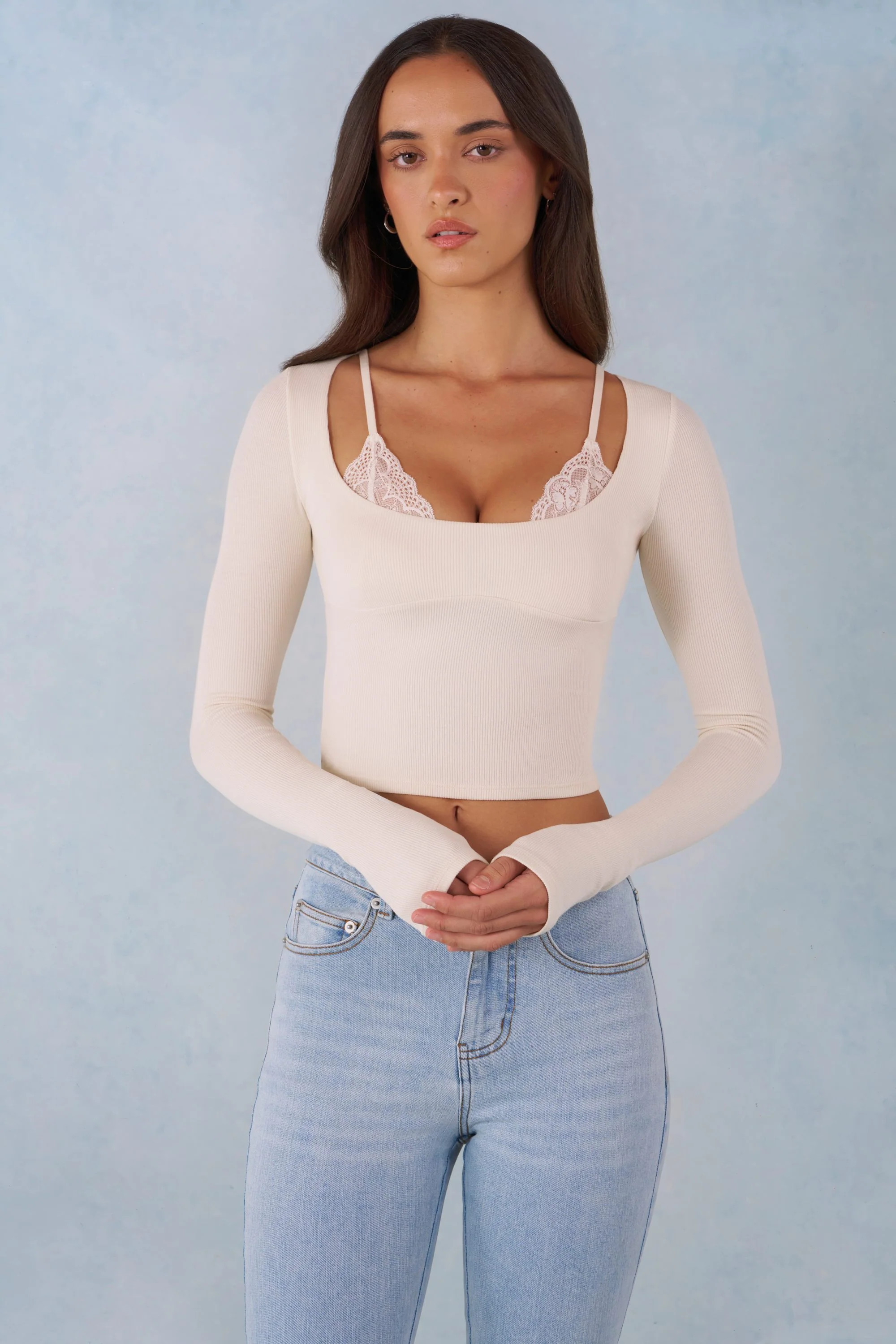 Ribbed Modal Long-Sleeve Laced Bra Top in Ivory | Oh Polly