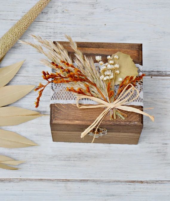 Bohemian Ring Bearer Box, Dried Flowers Wood Ring Box, Personalized Boho Wedding Ring Box, Rust O... | Etsy (US)
