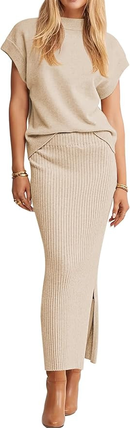 Pink Queen Women's 2 Piece Sweater Outfits Set Summer Cap Sleeve Tops Bodycon Maxi Long Skirt Kni... | Amazon (US)