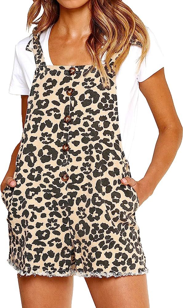 ECOWISH Women Leopard Bib Overalls Sexy Strap Backless Summer Beach Romper Jumpsuit with Pockets | Amazon (US)