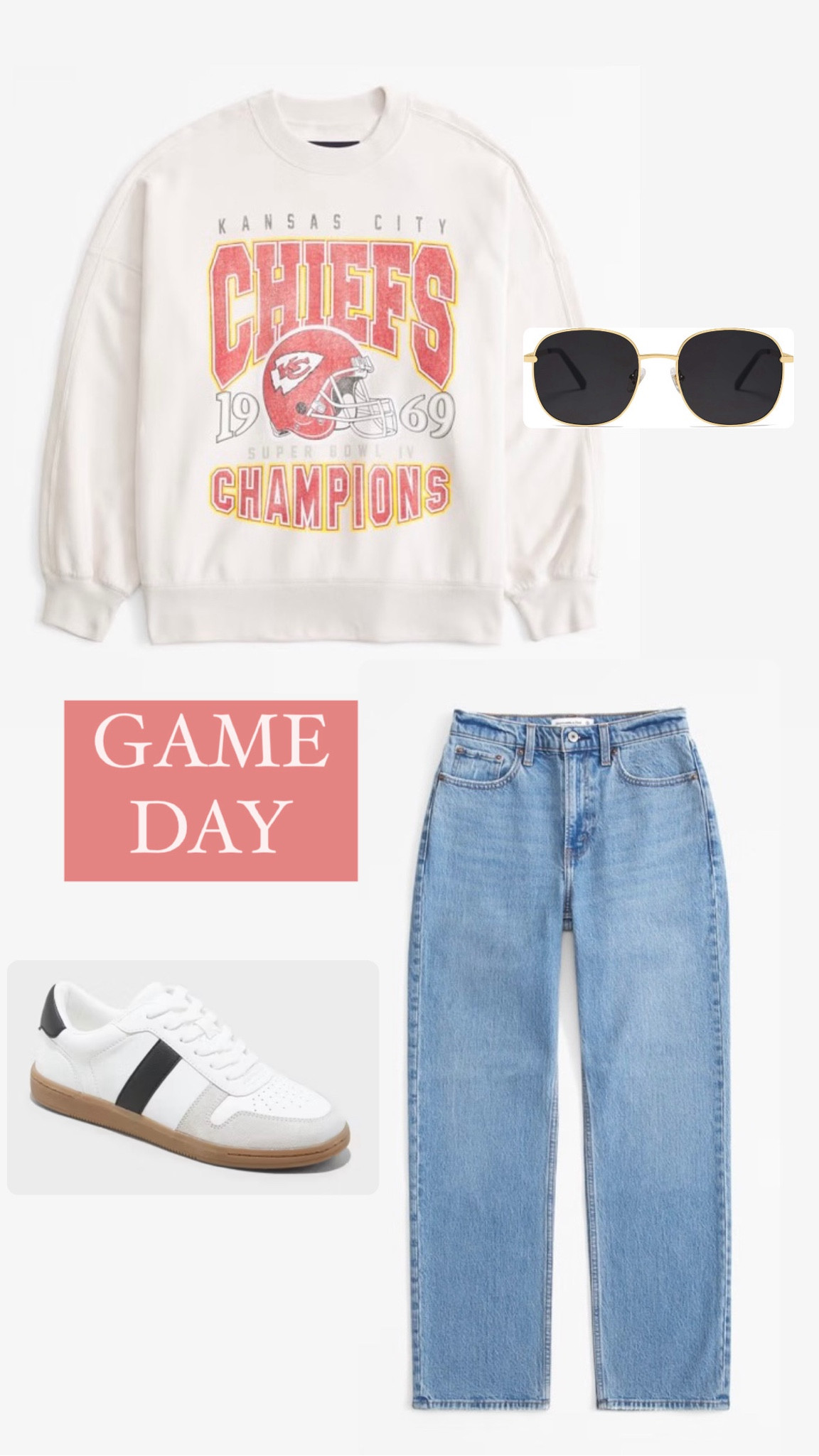 Cutest game day look 😍 chiefs sweatshirt // Amazon $15 sunglasses // super affordable target tennis shoes // one of my fav styles of Abercrombie jeans 

Fall outfit / petite / Kansas City / game day / tailgating  

#LTKFindsUnder50 #LTKSaleAlert #LTKSeasonal