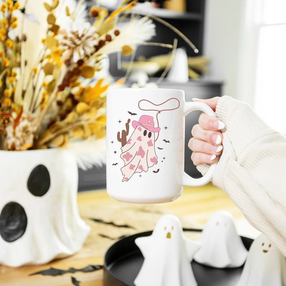 Cowgirl Ghost Mug, Pink Cowgirl Halloween Mug, Ceramic Mug 15oz, Pastel Ghost Mug, Ghost Mug, Wes... | Etsy (US)
