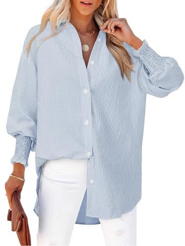 Blue Striped Button Down Shirt Women Smocked Oversized Y2k Button Down Shirts Boyfriends Casual Loose Puff Long Sleeve Business Work Tunic Top for Leggings Wrinkle Free Interview Tops Office | Amazon (US)