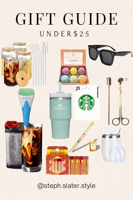 Gift guide under $25. Lip balm. Bath bombs. Sunglasses. Wine tumbler. Candle accessories 

#LTKHoliday #LTKSeasonal #LTKGiftGuide