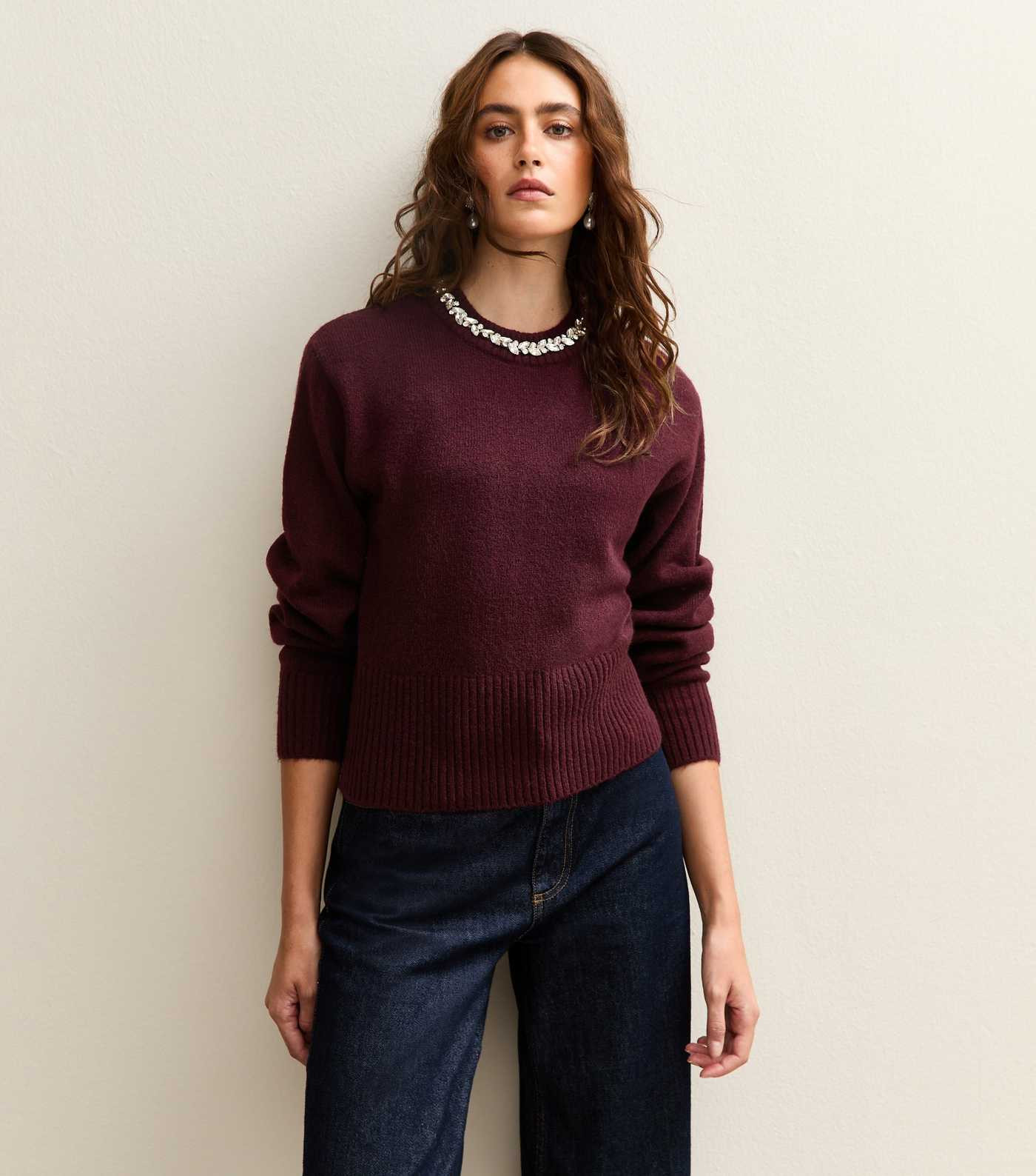 Burgundy Embellished Necklace Jumper | New Look | New Look (UK)