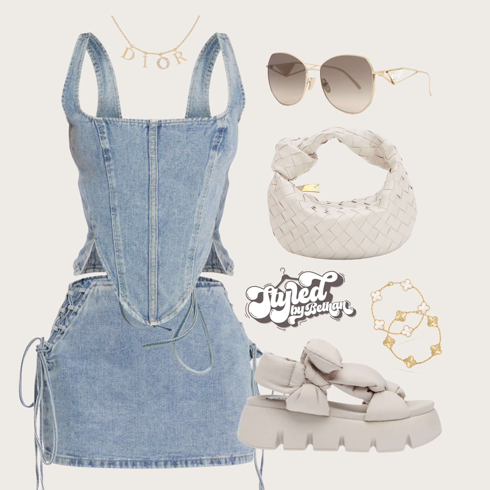 Double denim moment 🤍 tags: pretty little thing light wash denim lace up corset top and matching mini skirt co ord, botegga cream knot bag, Steve Madden cream bubble sandals, prada sunglasses, gold Dior necklace. Spring summer outfit inspiration for pub drinks, day drinks, bottomless brunch, drinks with the girls, vacation, Greece. 

#LTKeurope #LTKuk #LTKsummer