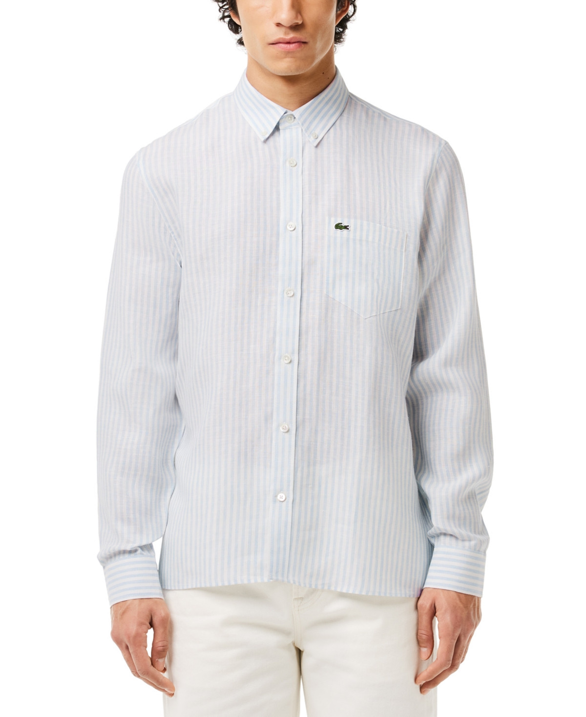 Lacoste Men's Long Sleeve Striped Button-Down Linen Shirt - E7B - Panorama/Blanc | Macy's