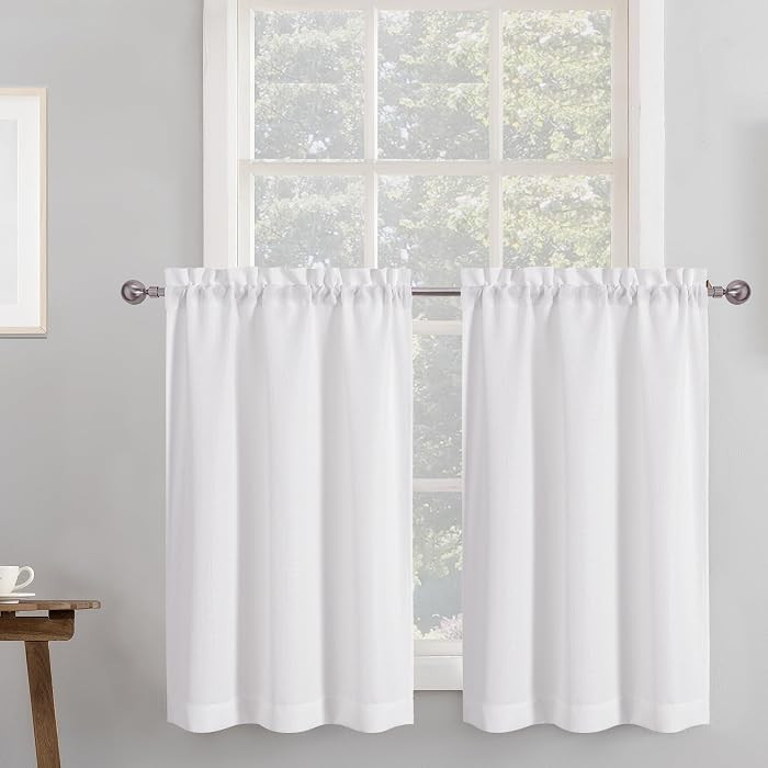 2 Panels White Kitchen Curtains 36 Inch Length Tier Curtain, Faux Linen Textured Small Cafe Curta... | Amazon (US)