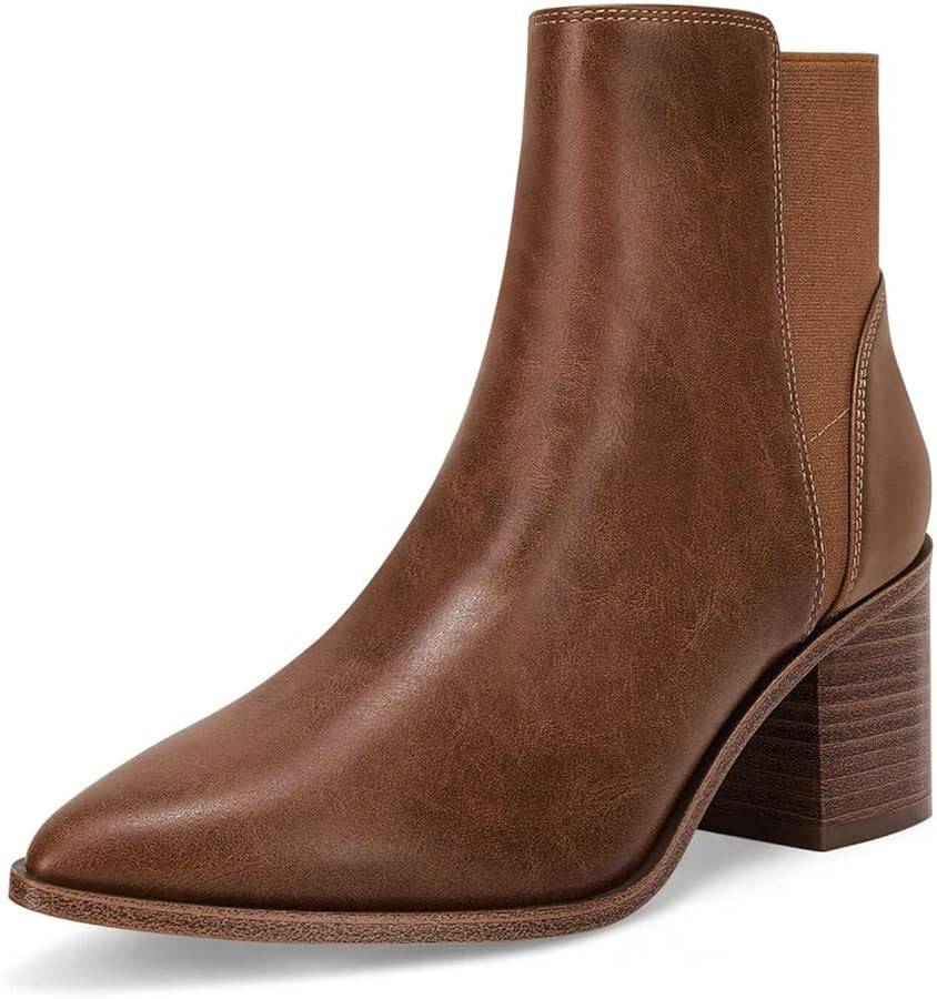 Coutgo Womens Pointed Toe Ankle Boots Elastic Chunky Block Stacked Mid Heel Slip On Chelsea Booti... | Amazon (US)