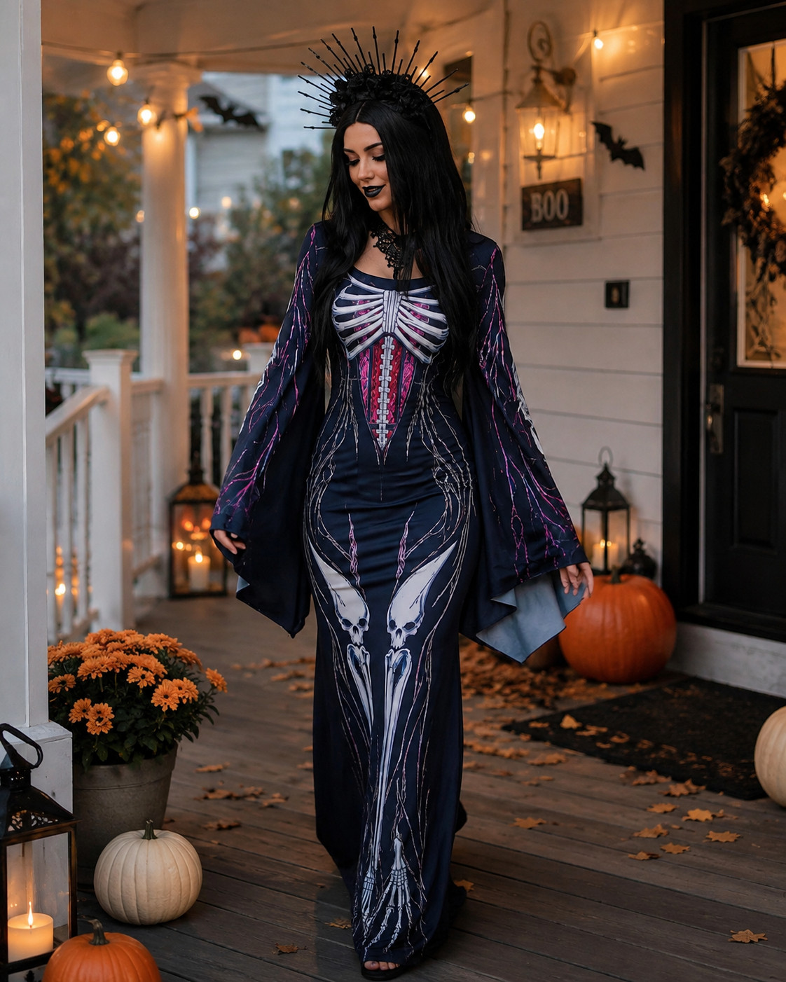 Obsessed with how dramatic this skeleton gown is 🖤💀 The long dark silhouette, bone detailing, flowing sleeves, and gothic headpiece make it feel like a full spooky queen moment. Perfect for someone who wants a Halloween costume that feels elegant, mysterious, and totally statement-making.

#SkeletonDress #GothicHalloween #HalloweenGown #HalloweenCostumeIdeas #GothicCostume #SpookyQueen #HalloweenParty #DarkGlam #HalloweenFashion #SpookySeasonStyle 

 #LTKootd #LTKSeasonal #LTKU