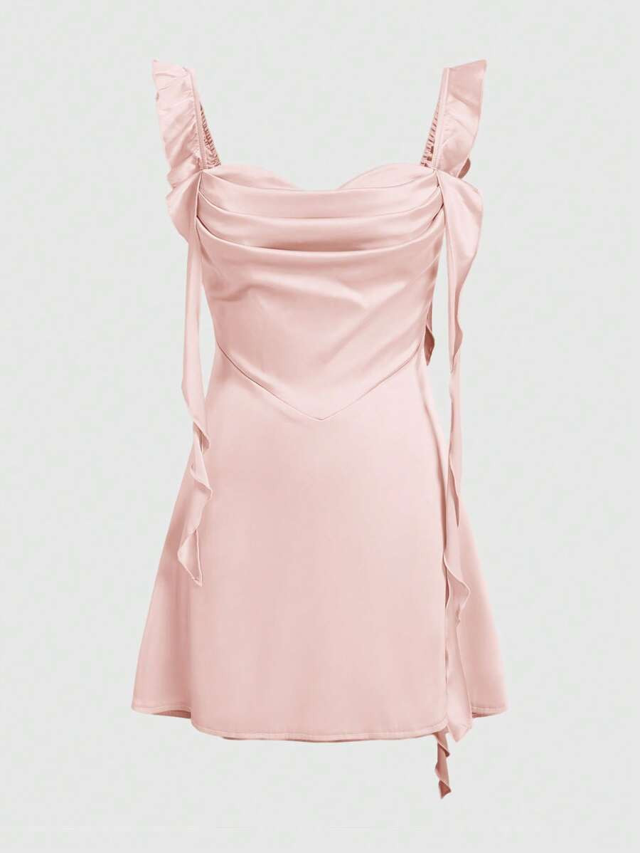 SHEIN EZwear Summer Solid Color Pleated Ruffle Hem Open Back Satin Strap Dress | SHEIN
