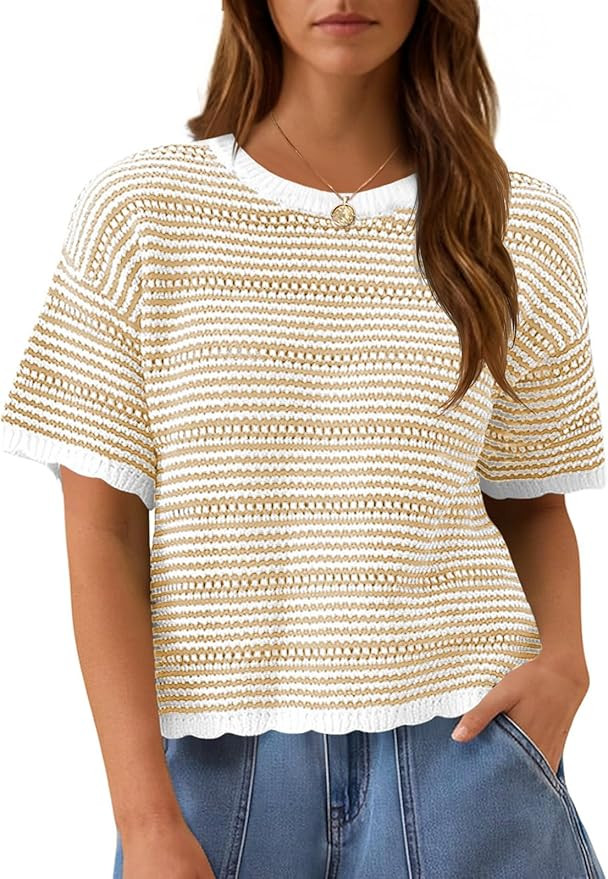 Fisoew Women's Summer Striped Cropped Knit Tops Short Sleeve Crew Neck Casual Sweater Going Out T... | Amazon (US)