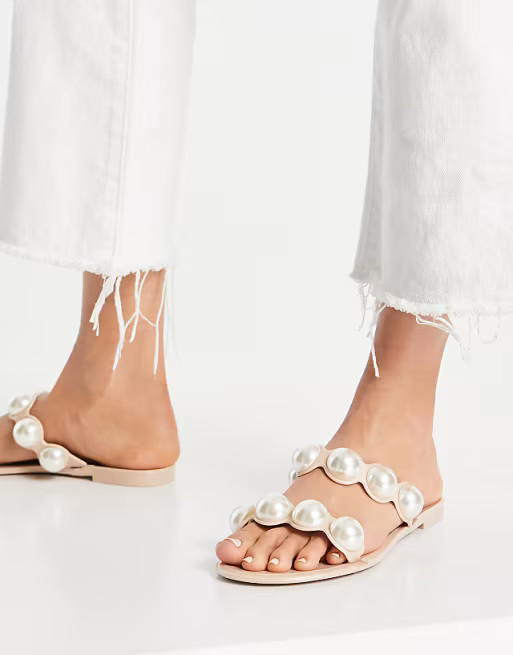 ASOS DESIGN Flute pearl jelly mule sandals in beige | ASOS (Global)