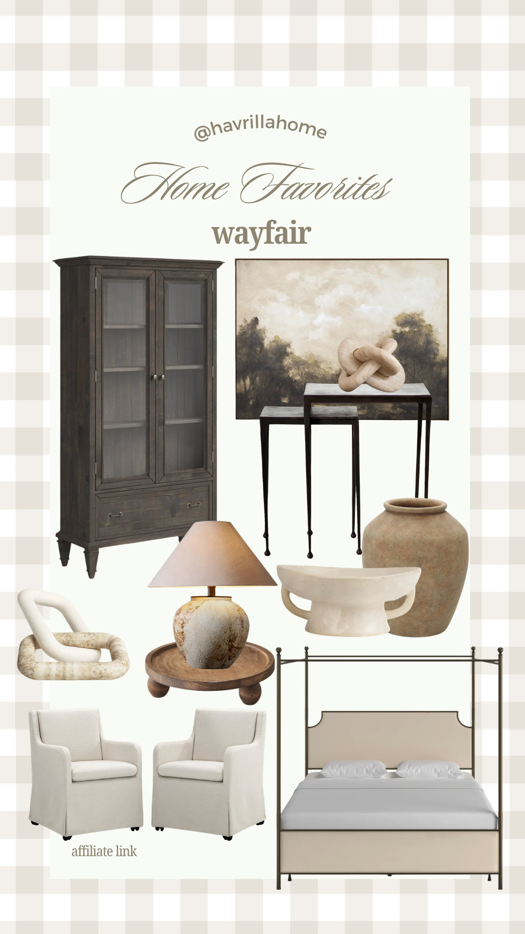 Wayfair Home Favorites: Wayfair home finds, Wayfair furniture, Wayfair home decor, neutral home decor, designer inspired furniture, dark wood cabinet, glass front cabinet, neutral accent chairs, upholstered bed, metal canopy bed, nesting tables, neutral table lamp, oversized wall art, decorative vessels, modern traditional home decor, transitional home decor, organic modern decor, elevated neutral interiors, Wayfair bedroom furniture, affordable designer inspired home

#LTKHome