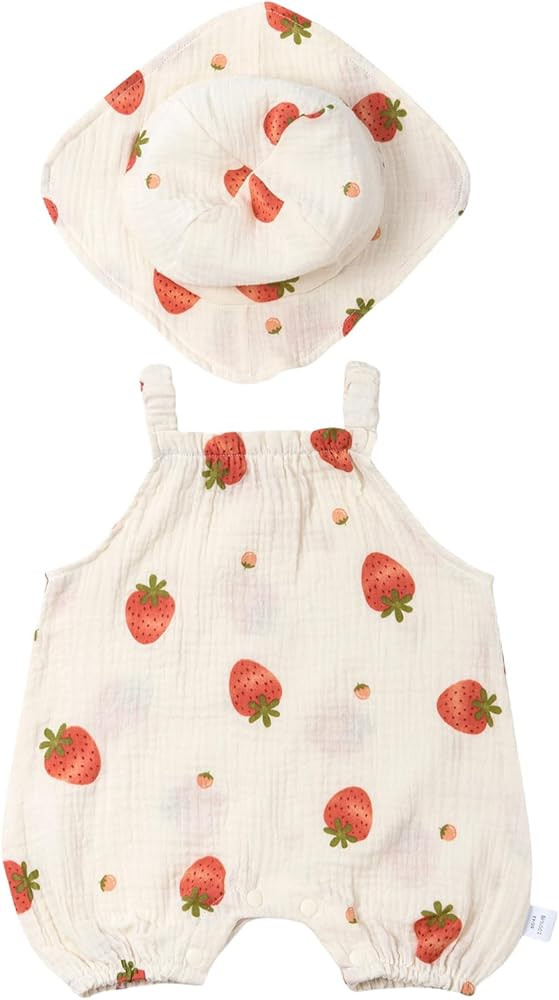 ACESTAR Baby Girls Toddler Sleeveless Muslin Romper One-Piece Halter Jumpsuit with Hat Summer Out... | Amazon (US)