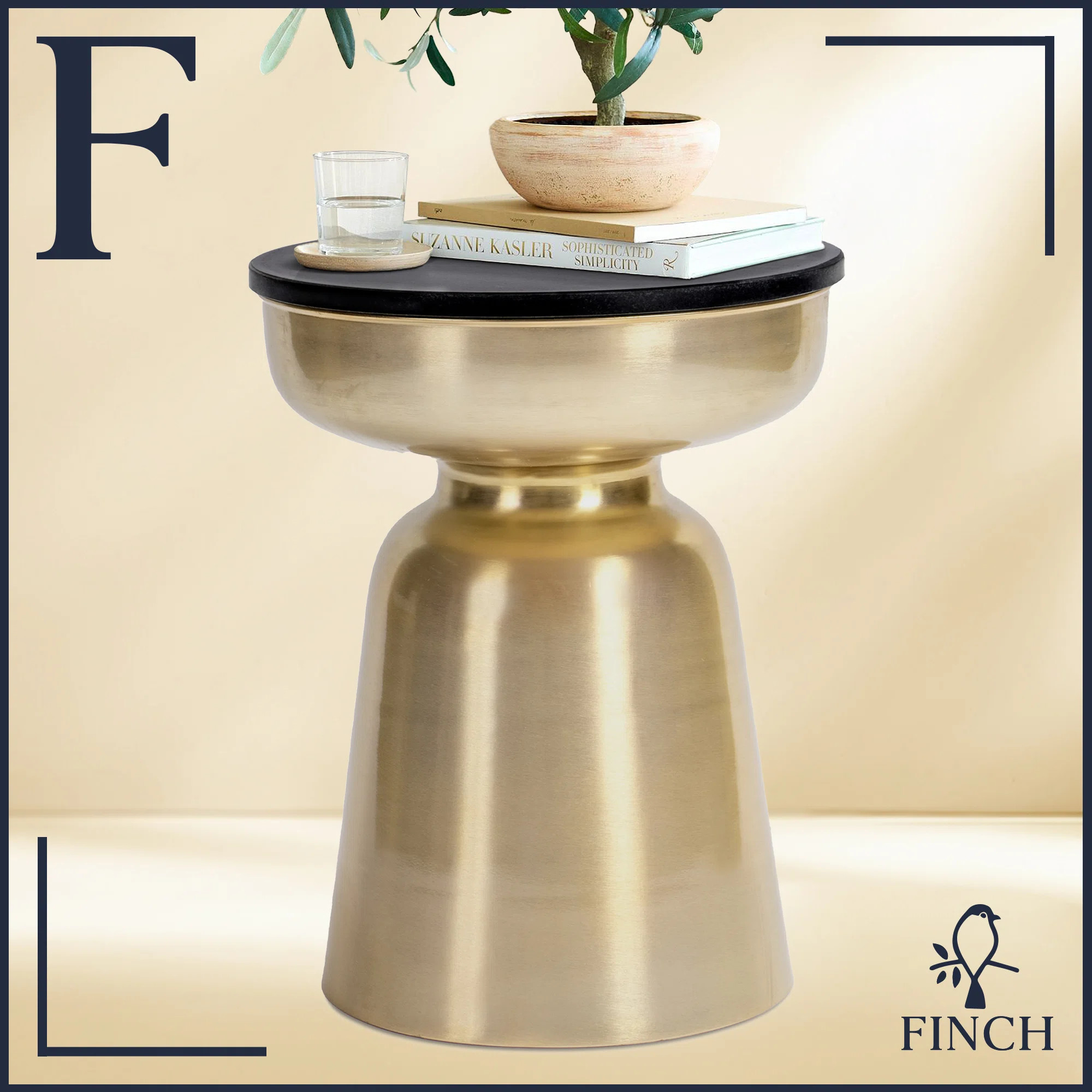 Finch Adler Rothko Accent Side Table, Granite Top, Brushed Brass or Rose Gold Base, Hourglass Sha... | Wayfair North America