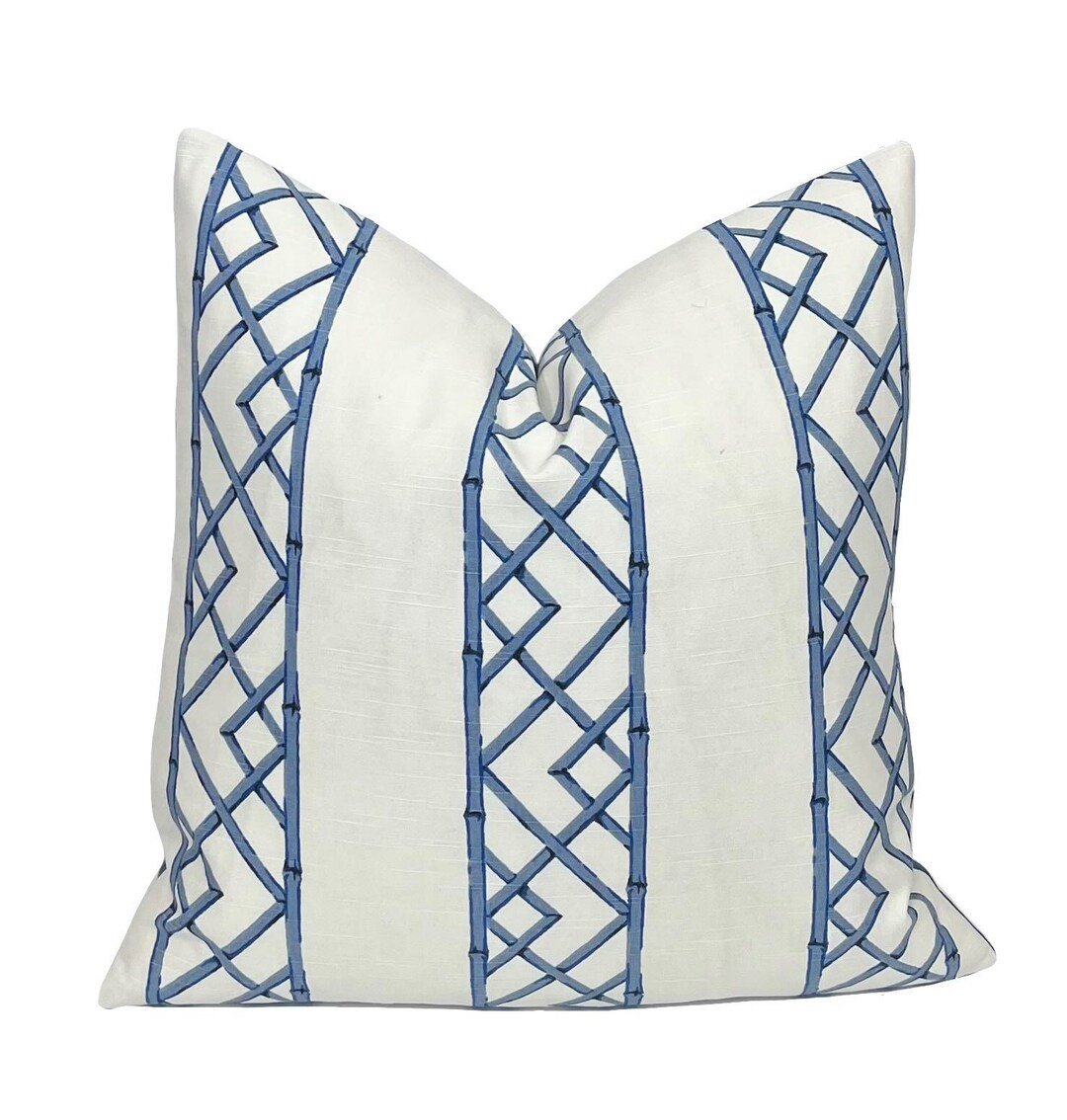 Cobalt Blue Asian Chinoiserie Lattice Bamboo Stripe Pillow Cover | Kravet Latticely Ultramarine |... | Etsy (US)