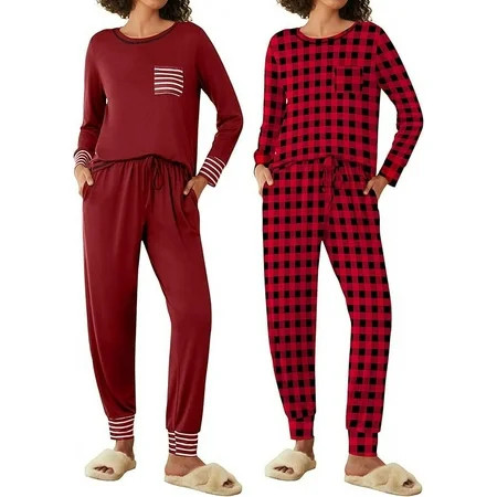 Avidlove 2 Pack Long Sleeve Christmas Pajama Set for Women Red Plaid Pjs Sets Ladies Fall Jogger Lounge Set Sleepwear with Pocket | Walmart (US)